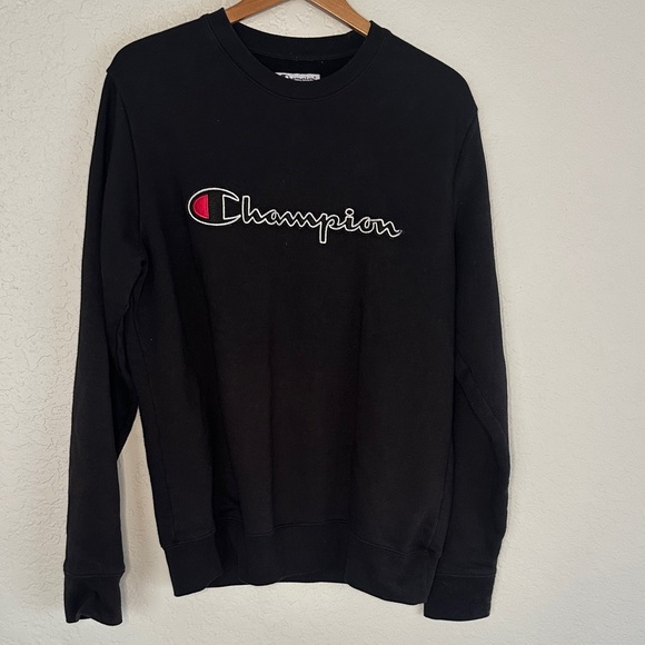 Champion Black Sweatshirt Men’s Large Front Logo Spellout Cotton Stretchy - Picture 1 of 6